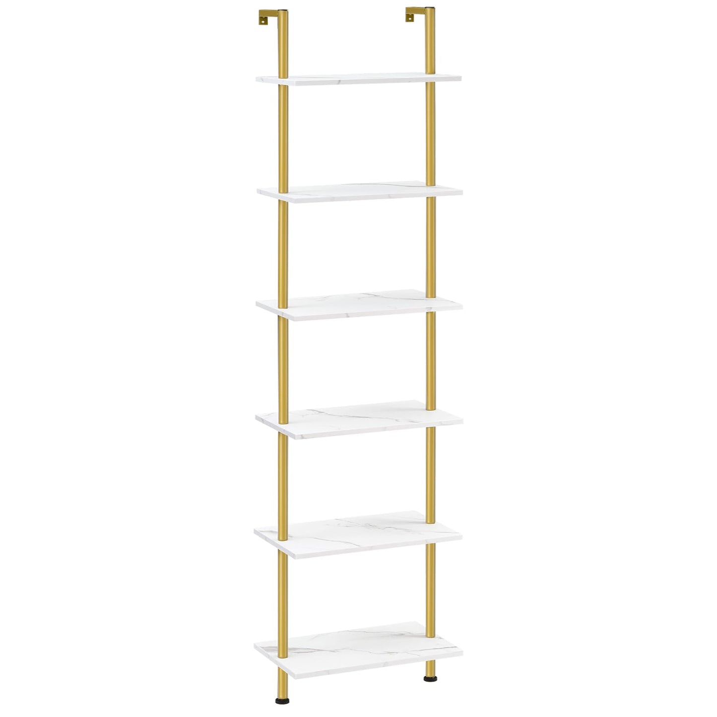 White shelf with gold metal accents on a white background