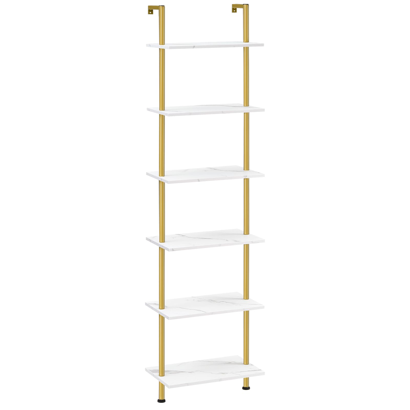 White shelf with gold metal accents on a white background
