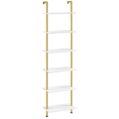 White shelf with gold metal accents on a white background
