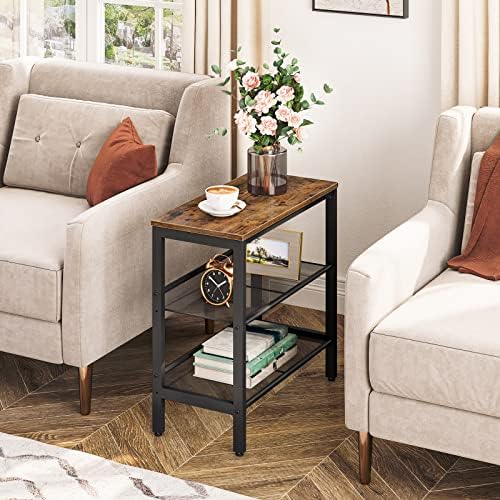 HOOBRO Retro Brown Three-Tier Narrow Side Table with Two Adjustable Flat Shelves