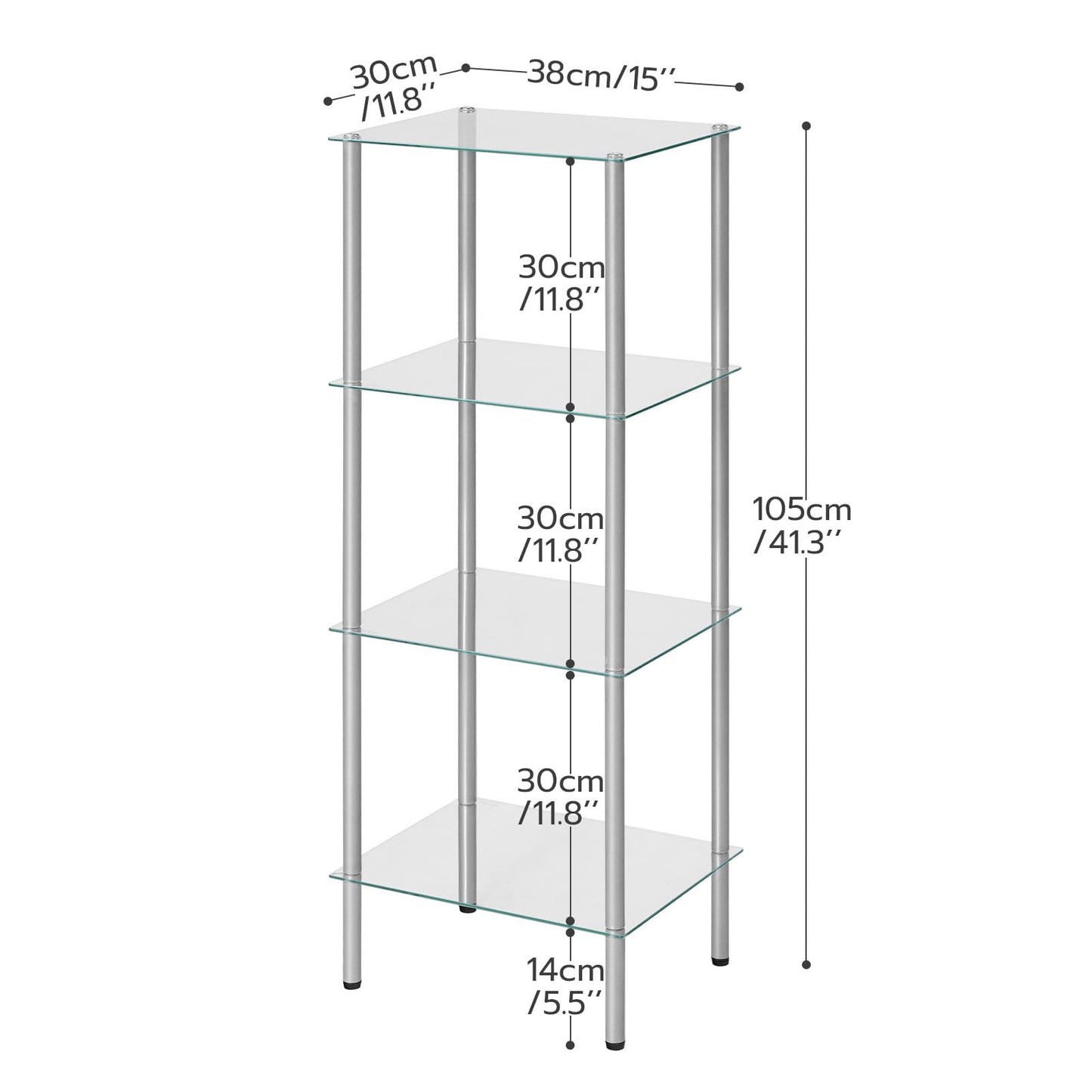 HOOBRO Silver Four-Tier Floor-Standing Glass Shelf