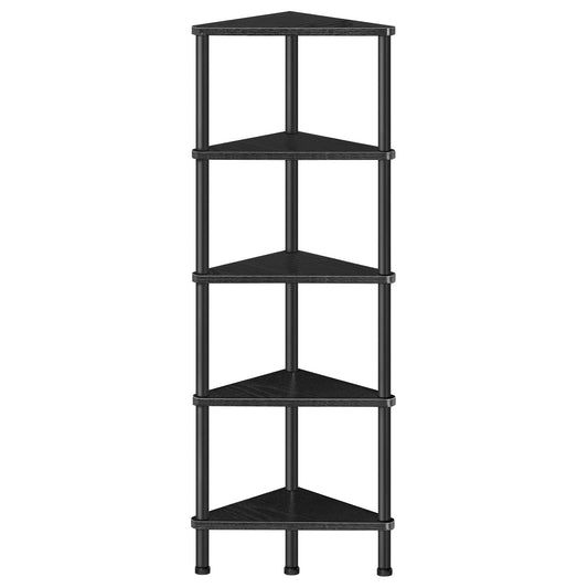 HOOBRO Corner Shelf Stand, Industrial 5-Tier Wall Corner Bookshelf with Metal Frame, Plant Display Shelf, Bookcase for Small Spaces, Bedroom, Living Room, Black BK33CJ01