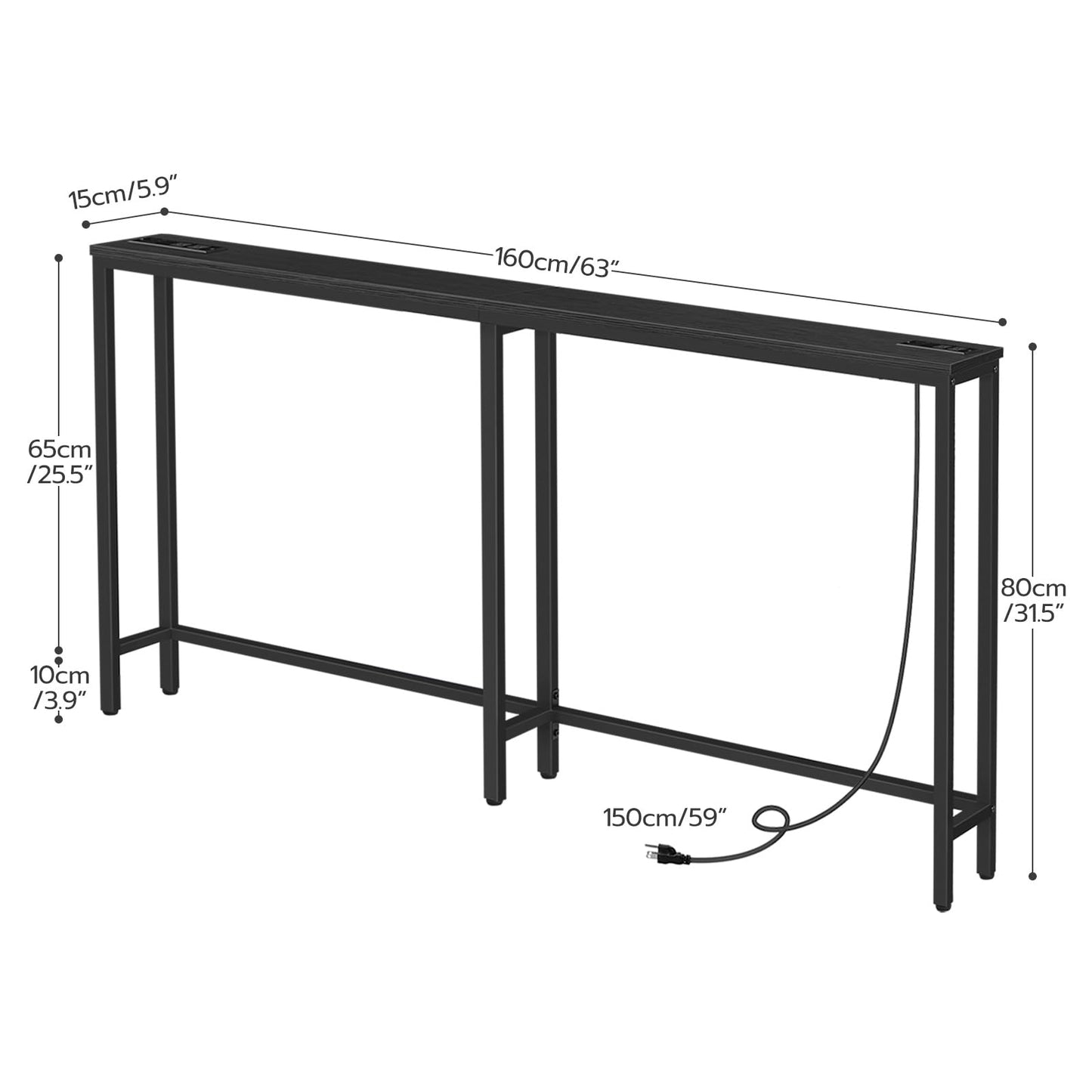 HOOBRO Black 63-inch Narrow Console Table with Charging Station & 2 Power Outlets & USB Port