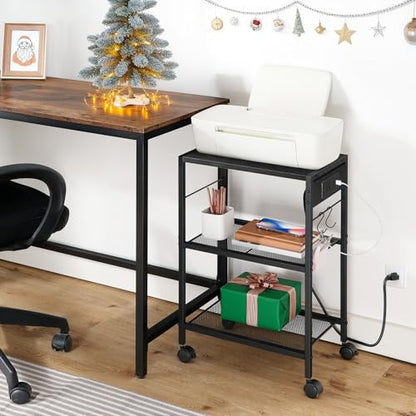 HOOBRO Black Industrial Style Three-Tier Movable Printer Stand with Wheels & Power Outlet & USB Port &2 Hooks