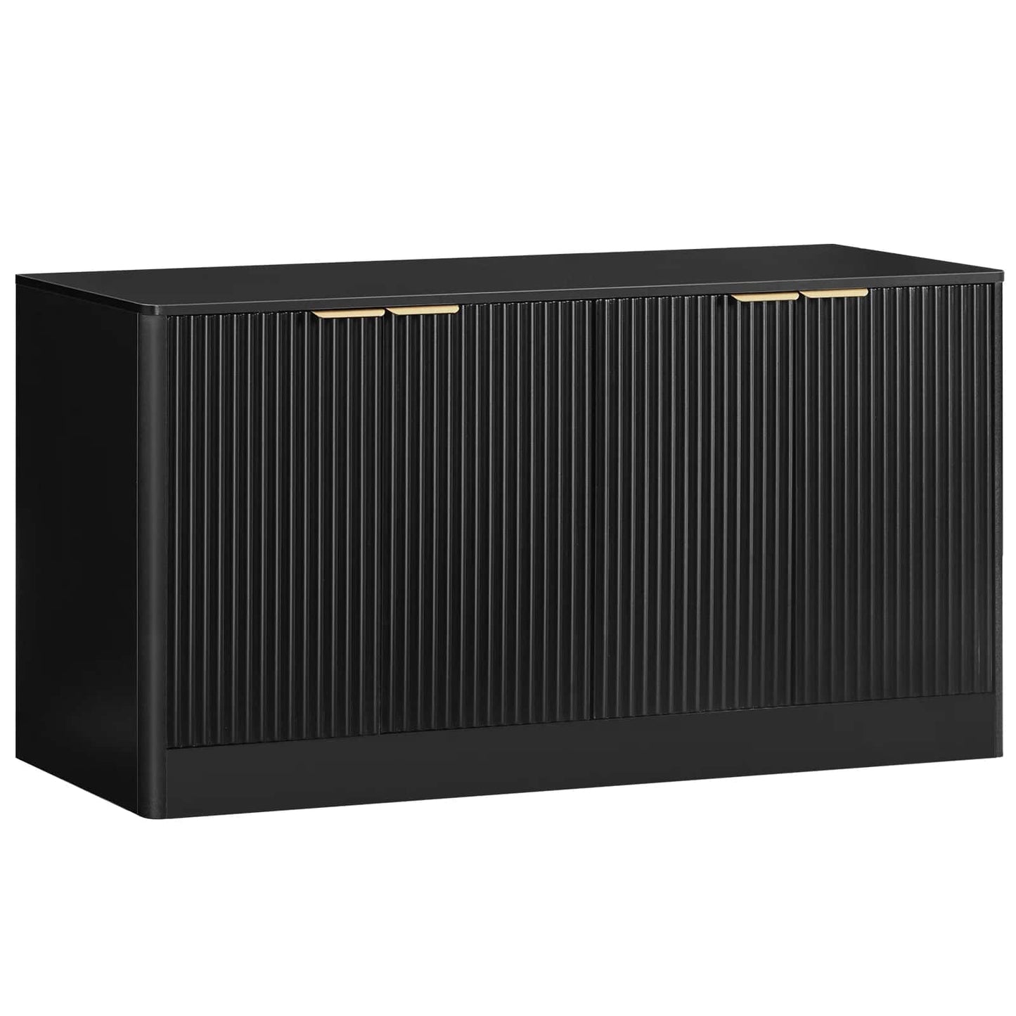 Black cabinet with gold handles on a white background