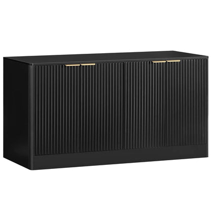 Black cabinet with gold handles on a white background