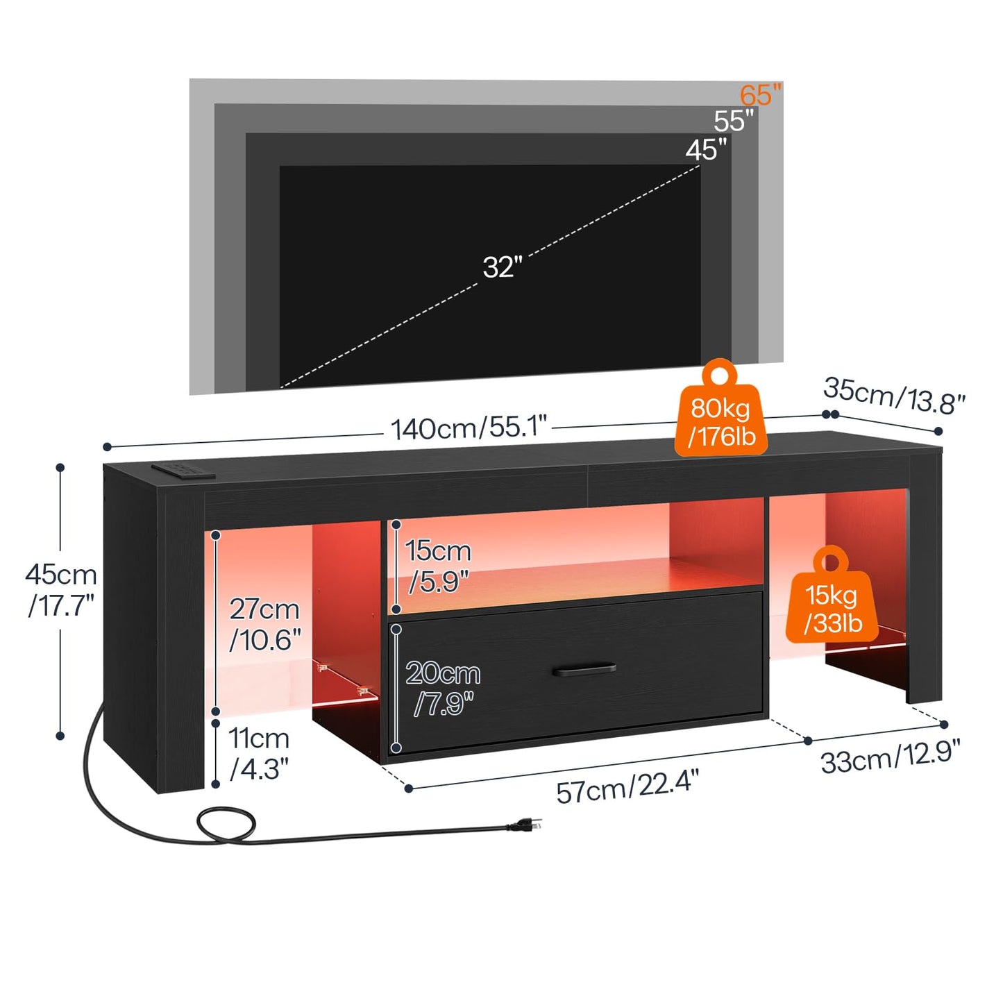Dimensions and weight of a TV stand with a television on top