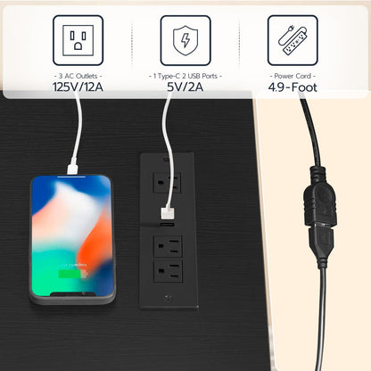 Black power strip with multiple outlets and USB ports, connected to a smartphone and power cord.