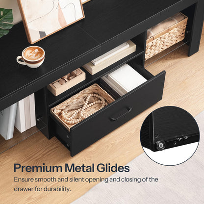 Black storage console table with open drawer, showing premium metal glides feature.