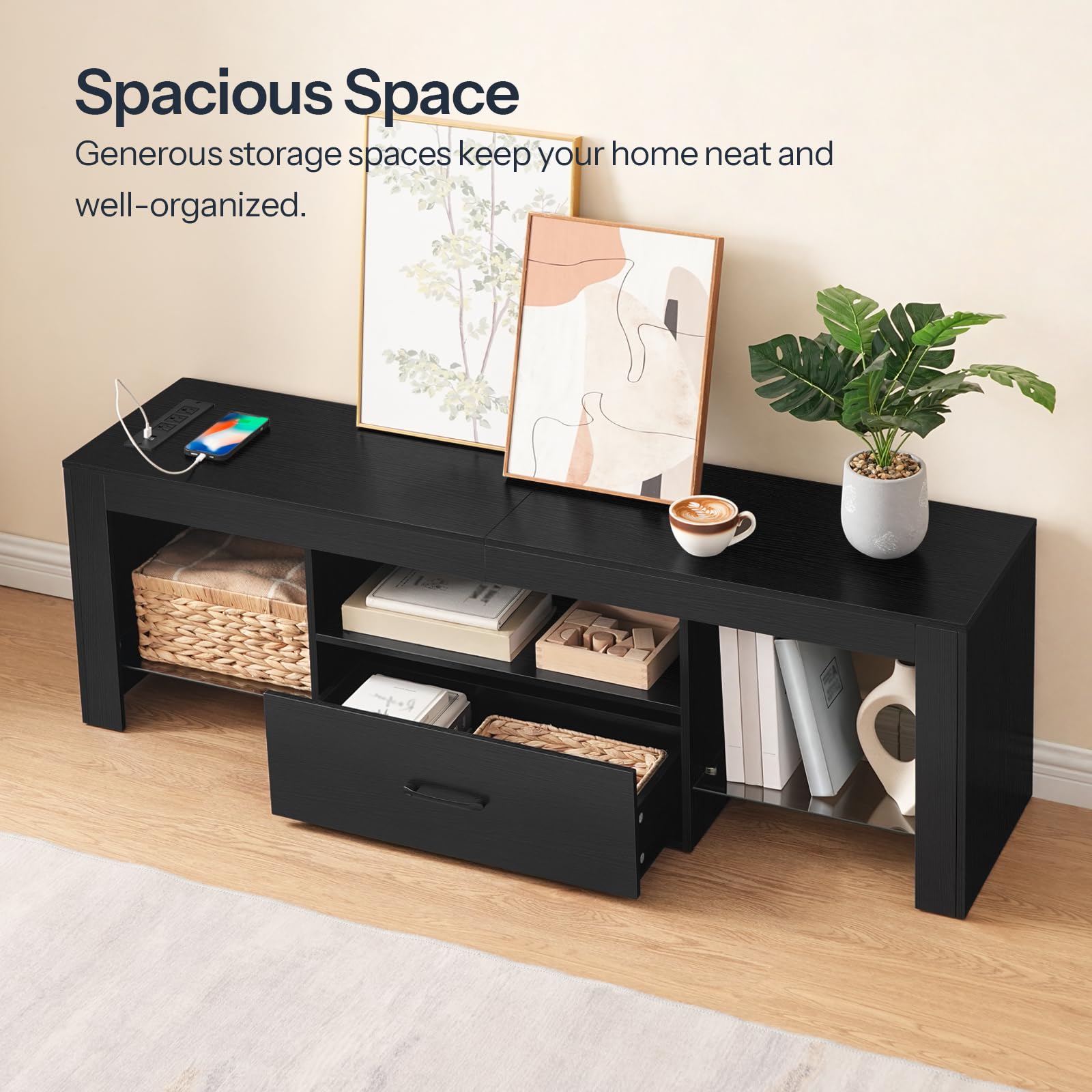 Black storage bench with shelves and a drawer in a room setting.