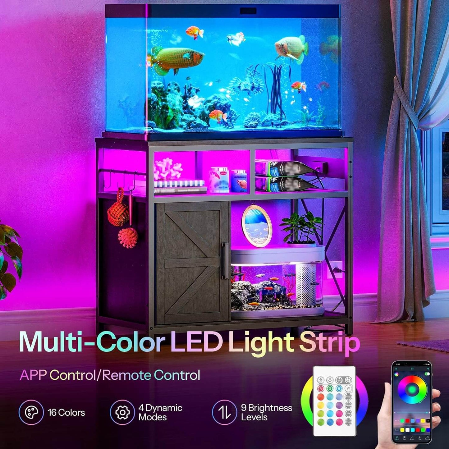 Aquarium with multi-color LED light strip and app control remote