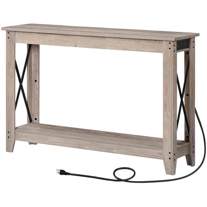 Wooden console table with X-shaped metal legs on a white background
