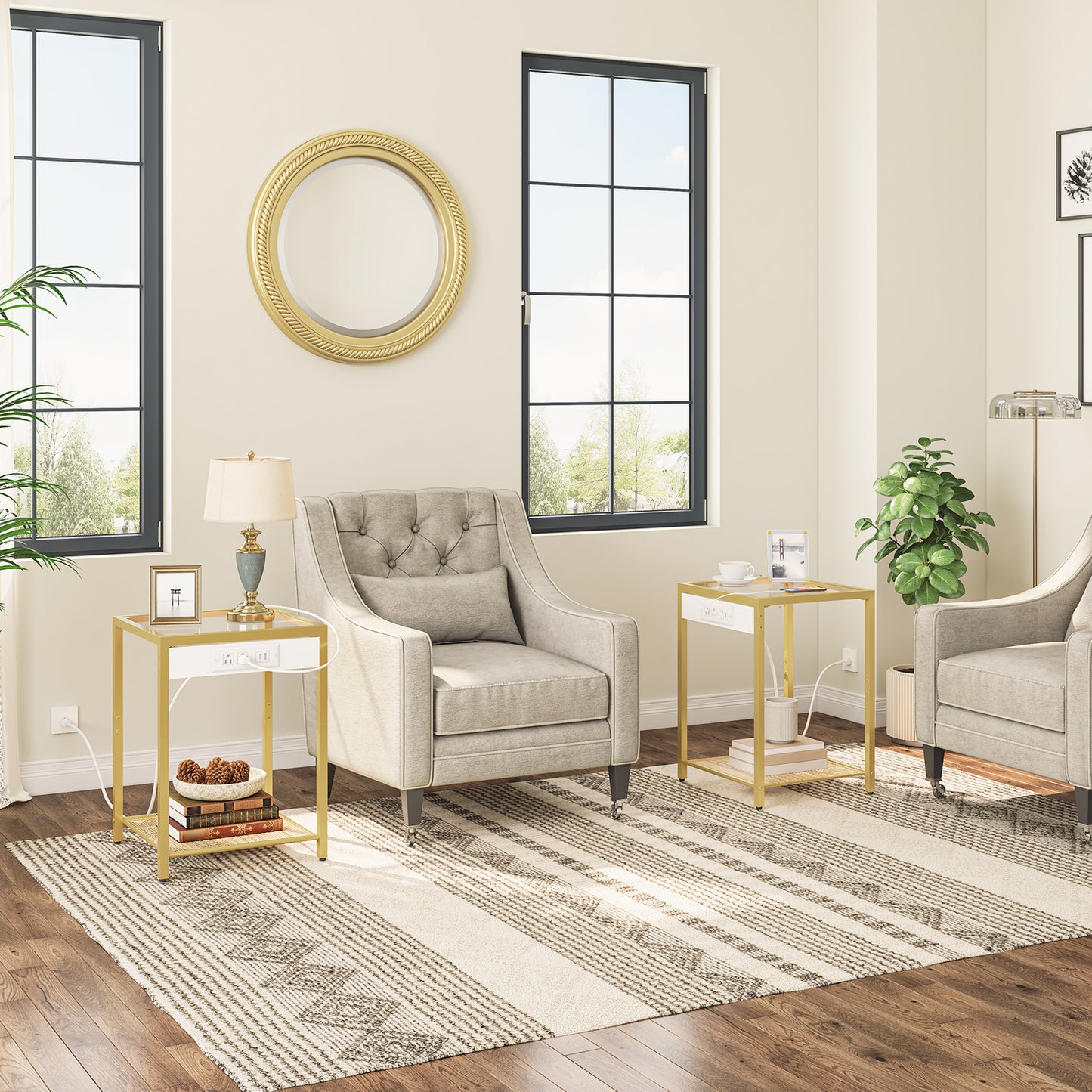 HOOBRO Tempered Glass Side Table with Charging Station / 2PICS