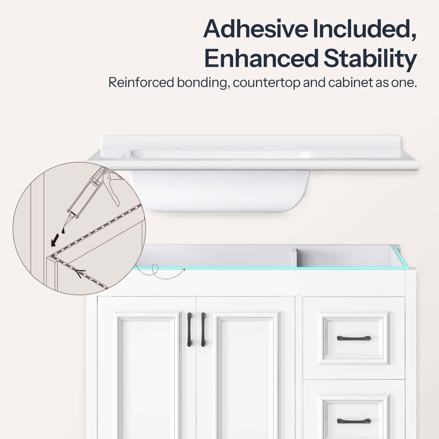 White vanity cabinet with a floating shelf and glass countertop, shown with marketing text reading 'Adhesive Included, Enhanced Stability' and a circular inset showing adhesive application.
