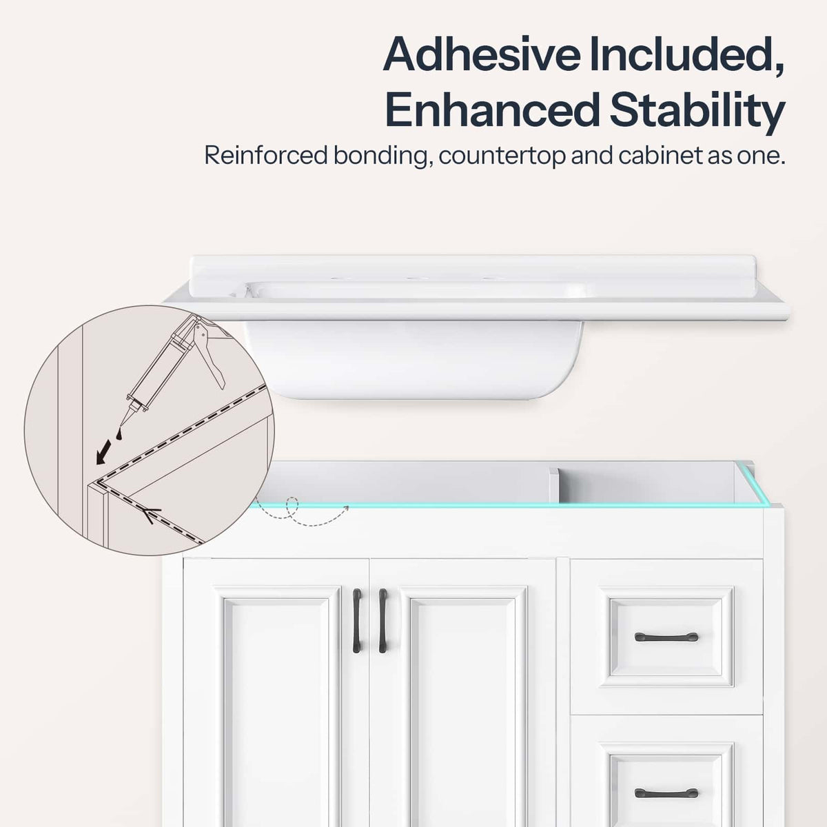 White vanity cabinet with a floating shelf and glass countertop, shown with marketing text reading 'Adhesive Included, Enhanced Stability' and a circular inset showing adhesive application.