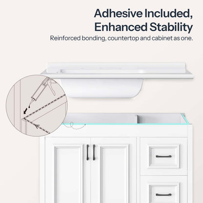 White vanity cabinet with a floating shelf and glass countertop, shown with marketing text reading 'Adhesive Included, Enhanced Stability' and a circular inset showing adhesive application.