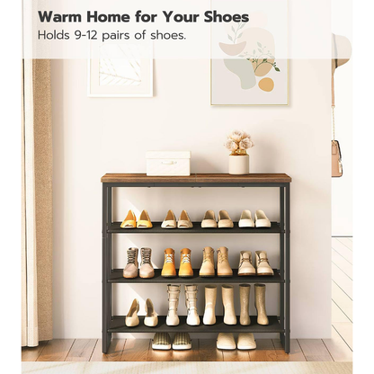 HOOBRO 4-Tier Industrial Style Shoe Rack with 3 Oxford Fabric Shelves