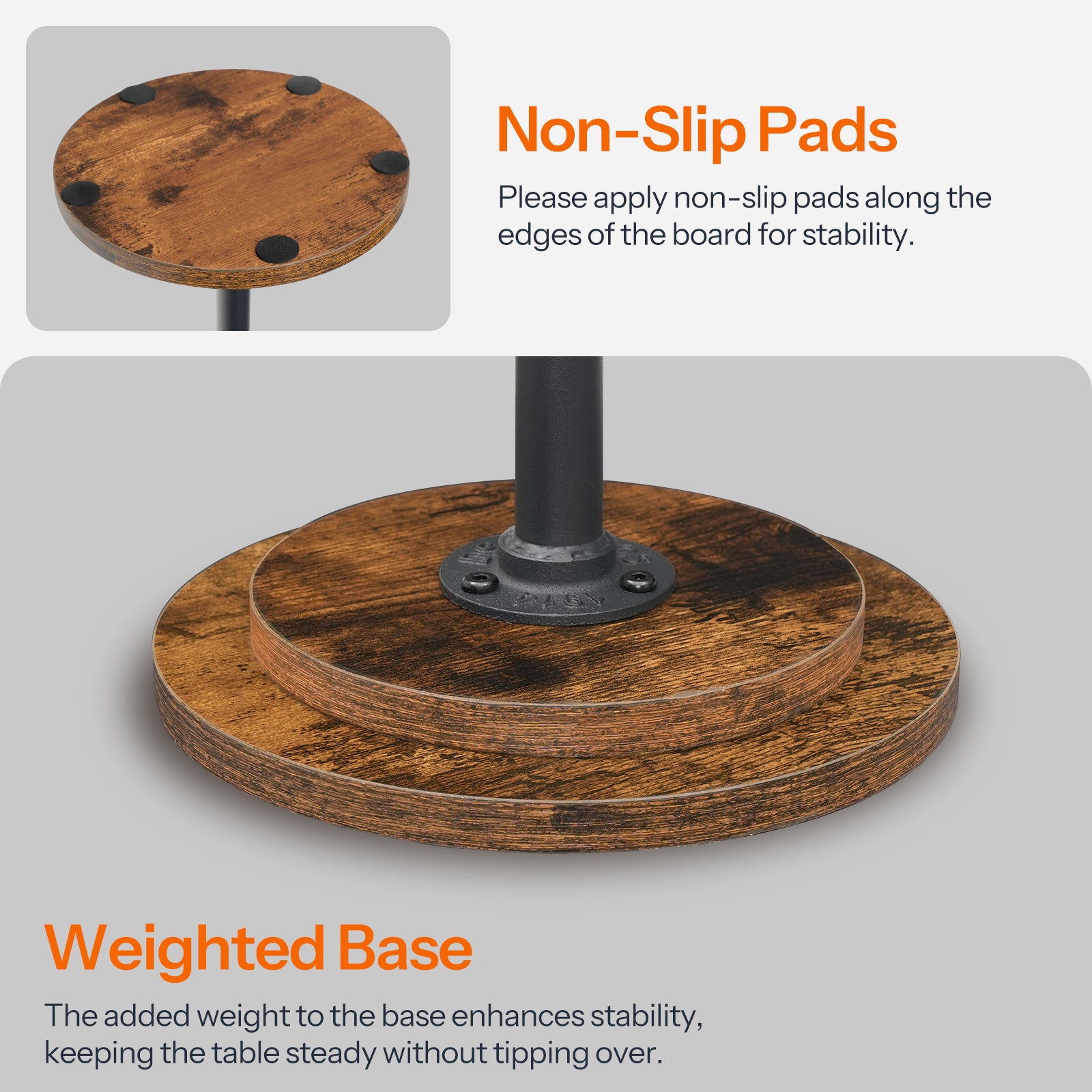 Wooden outdoor table with non-slip pads and weighted base on a gray background