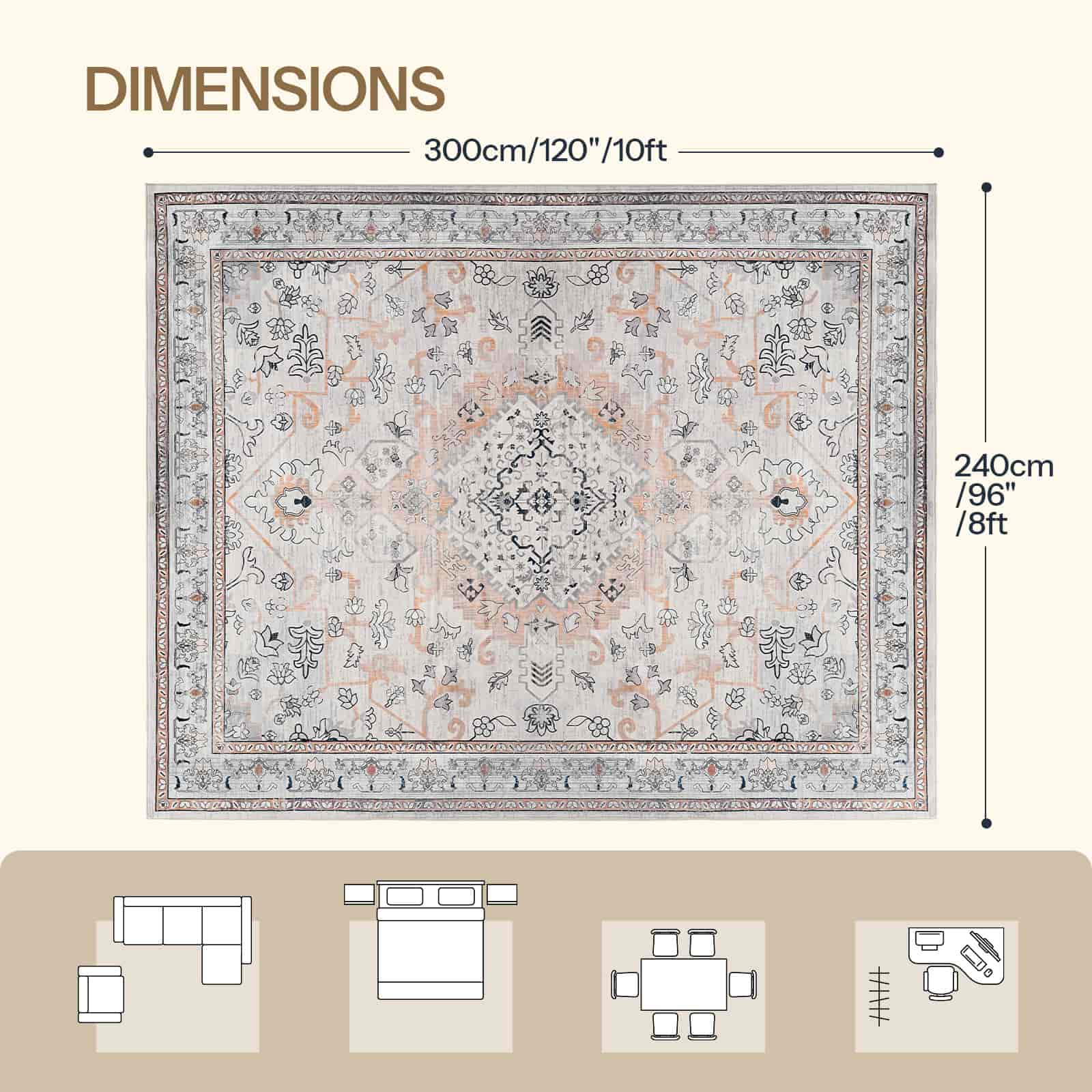 Rug with dimensions displayed on a beige background