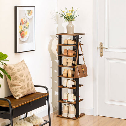 HOOBRO 8-Tier Wooden Vertical Shoe Rack with Hooks