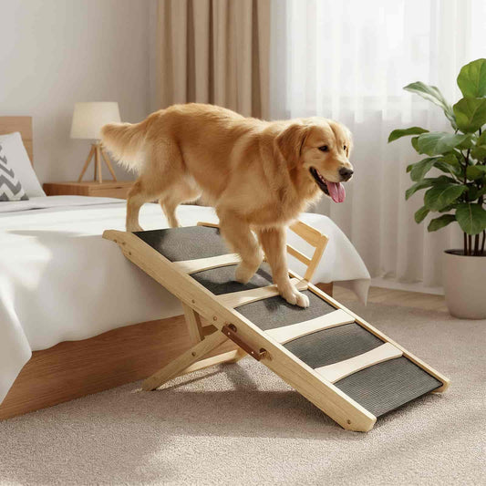 Dog using a wooden pet ramp to climb onto a bed in a bedroom setting.