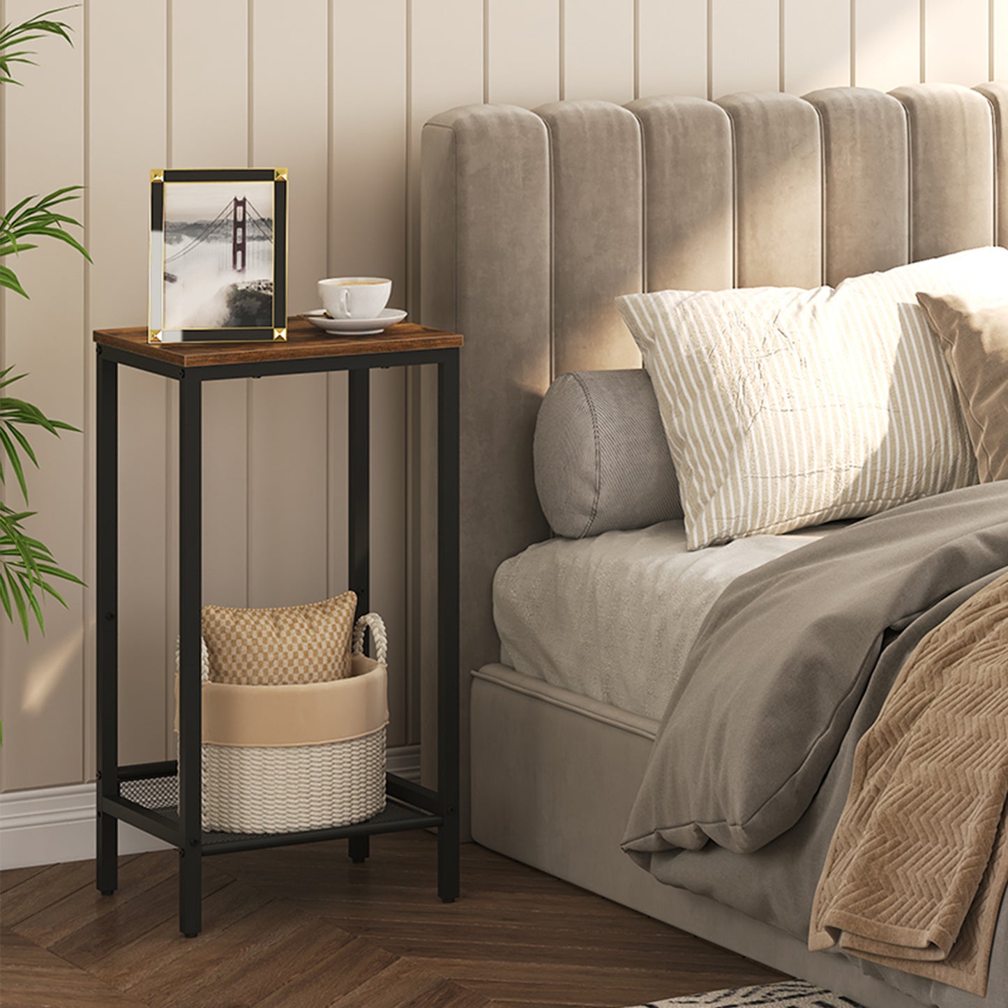 HOOBRO Industrial Style Tall Side Table with Adjustable Mesh Shelf