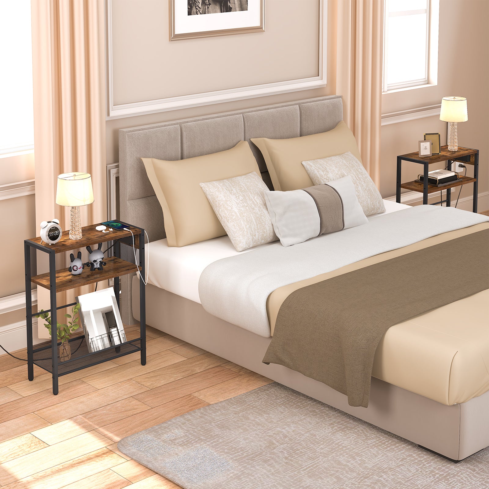 Neatly made bed with decorative pillows in a bedroom setting.