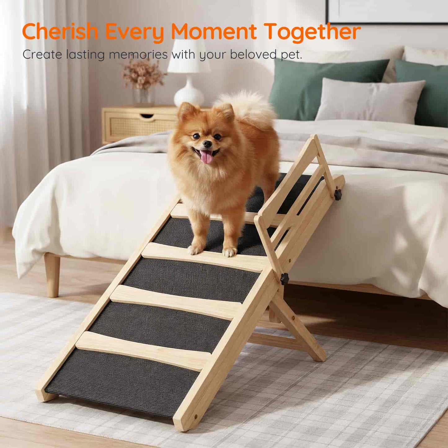 Dog using a wooden pet ramp in a bedroom with a cozy atmosphere.
