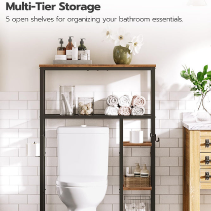HOOBRO Retro Brown 5-Tier Toilet Above Shelf with Toilet Paper Holder & Hooks