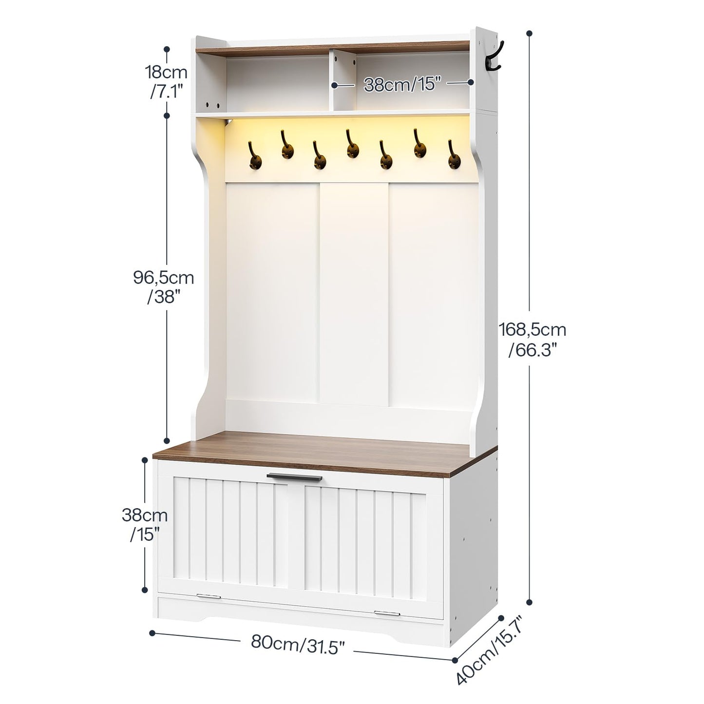White storage cabinet with wooden top and hooks, showing dimensions on a white background.