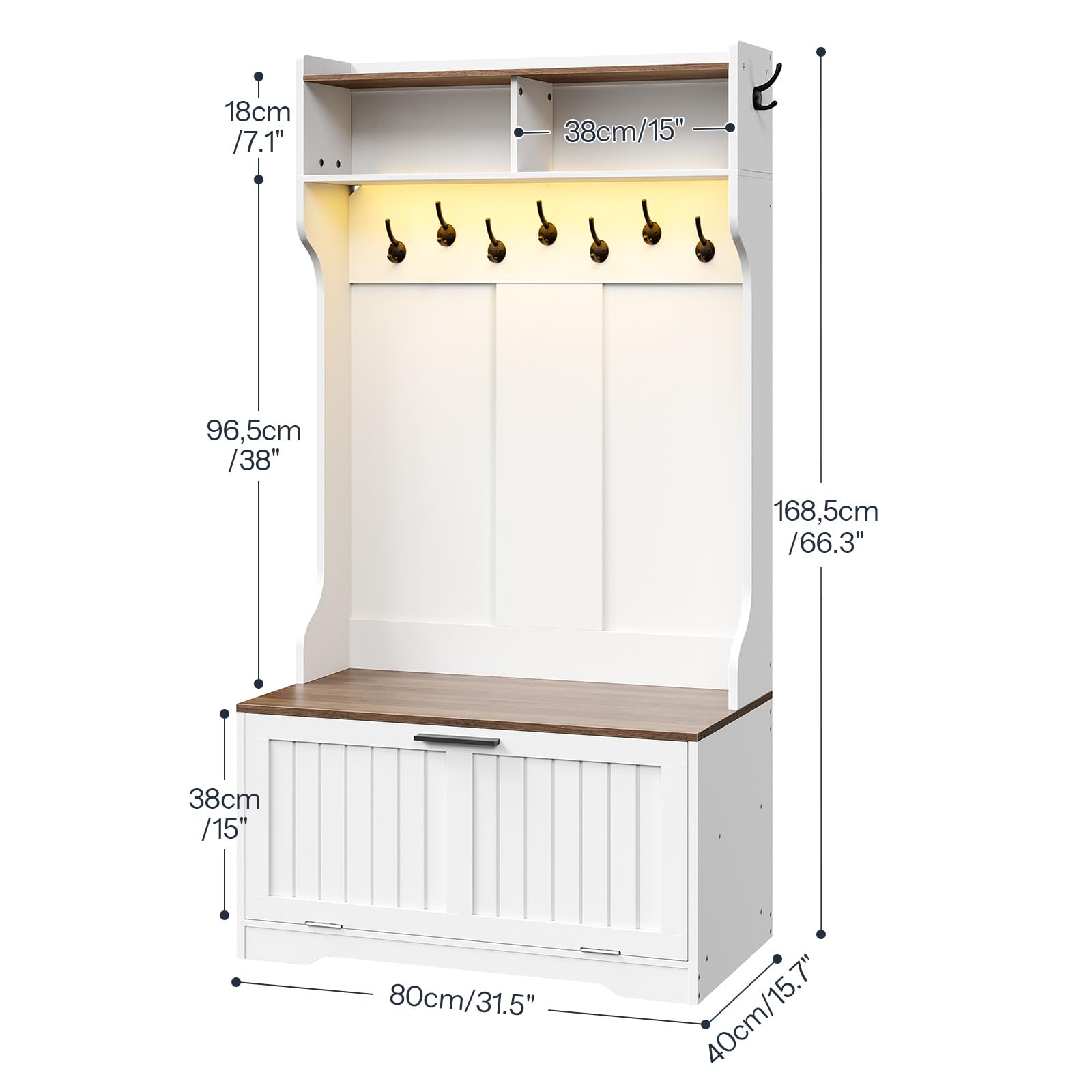 White storage cabinet with wooden top and hooks, showing dimensions on a white background.