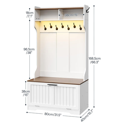 White storage cabinet with wooden top and hooks, showing dimensions on a white background.