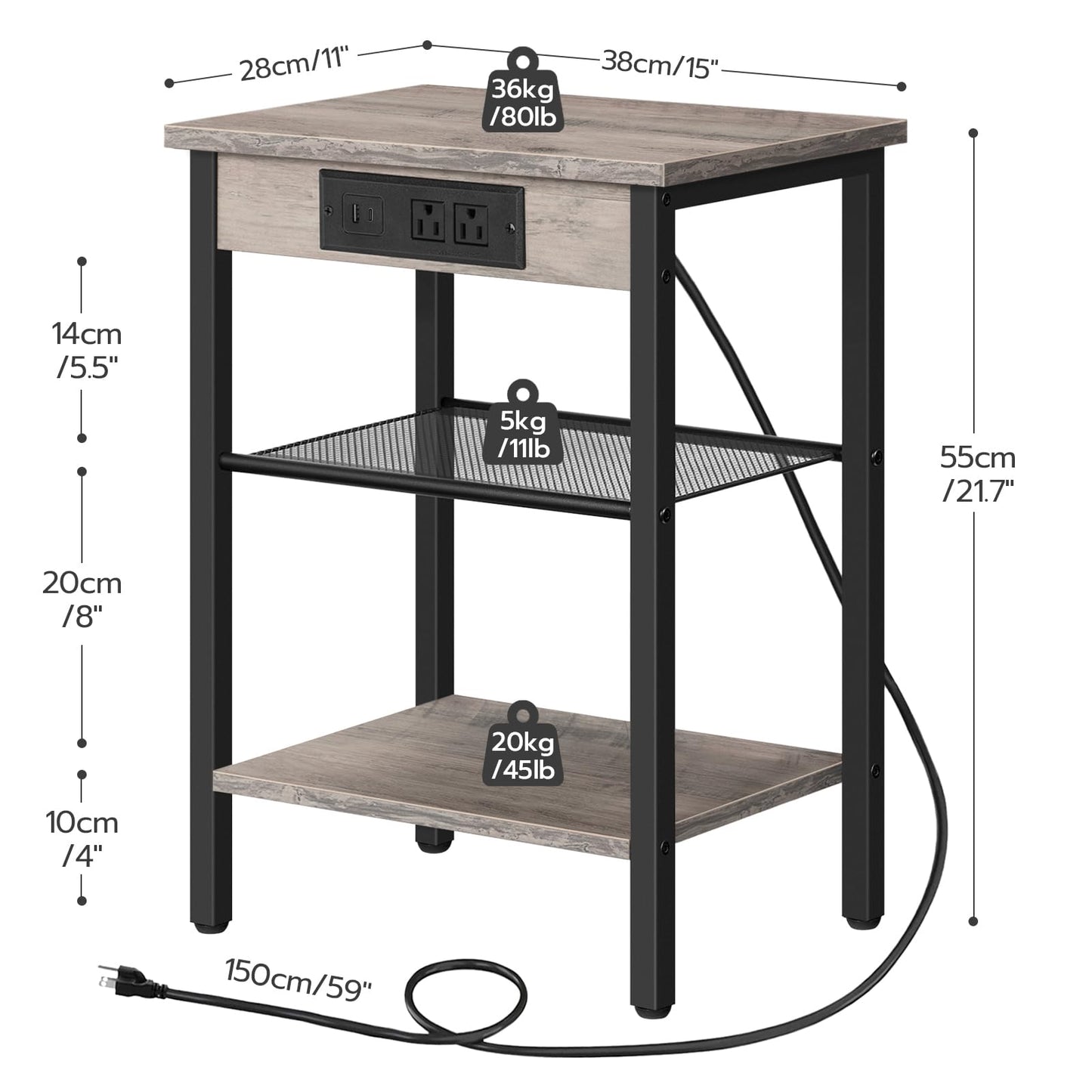 Small table with dimensions and weight indicators on a white background