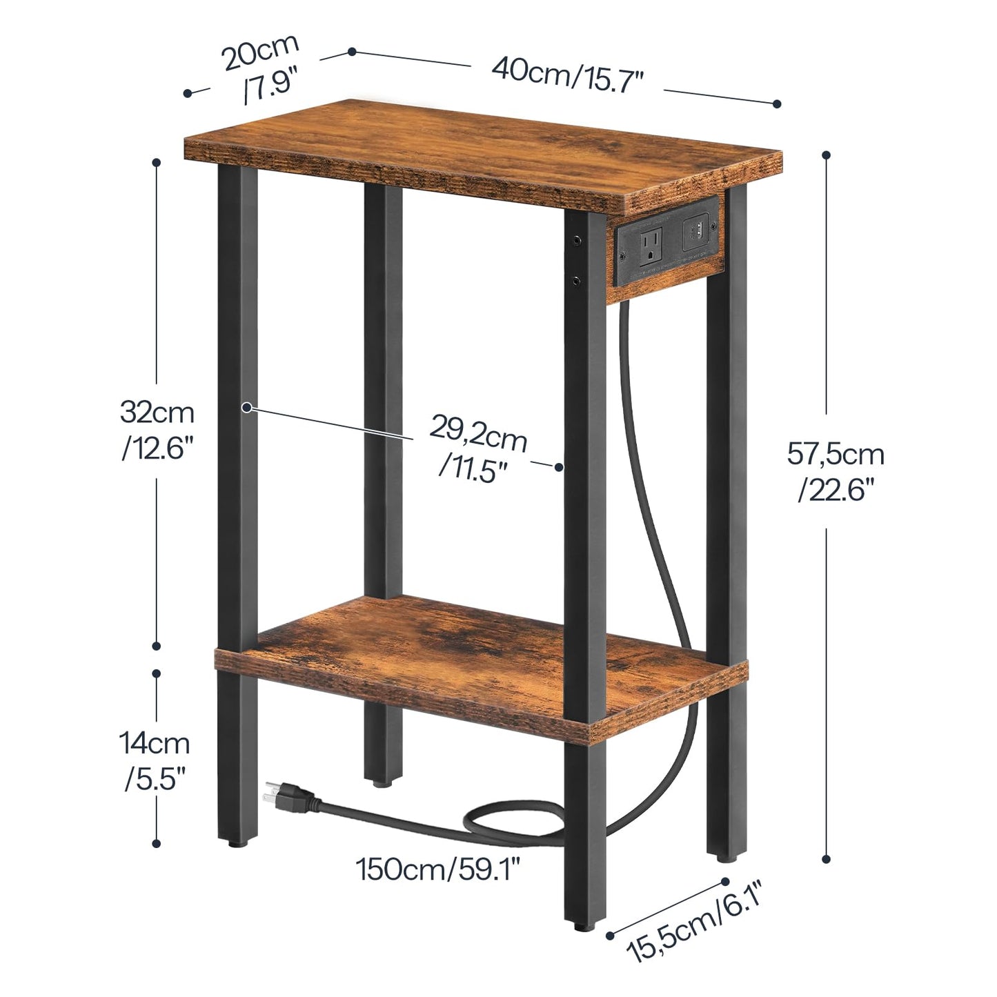 HOOBRO Narrow Side Table, 2-Tier Slim End Table with Charging Station, Skinny Nightstand with Open Storage, for Small Spaces, Living Room, Bedroom, Study, Rustic Brown and Black BF240UBZ01