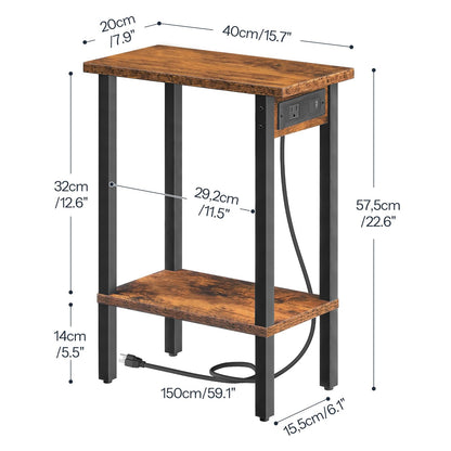 HOOBRO Narrow Side Table, 2-Tier Slim End Table with Charging Station, Skinny Nightstand with Open Storage, for Small Spaces, Living Room, Bedroom, Study, Rustic Brown and Black BF240UBZ01