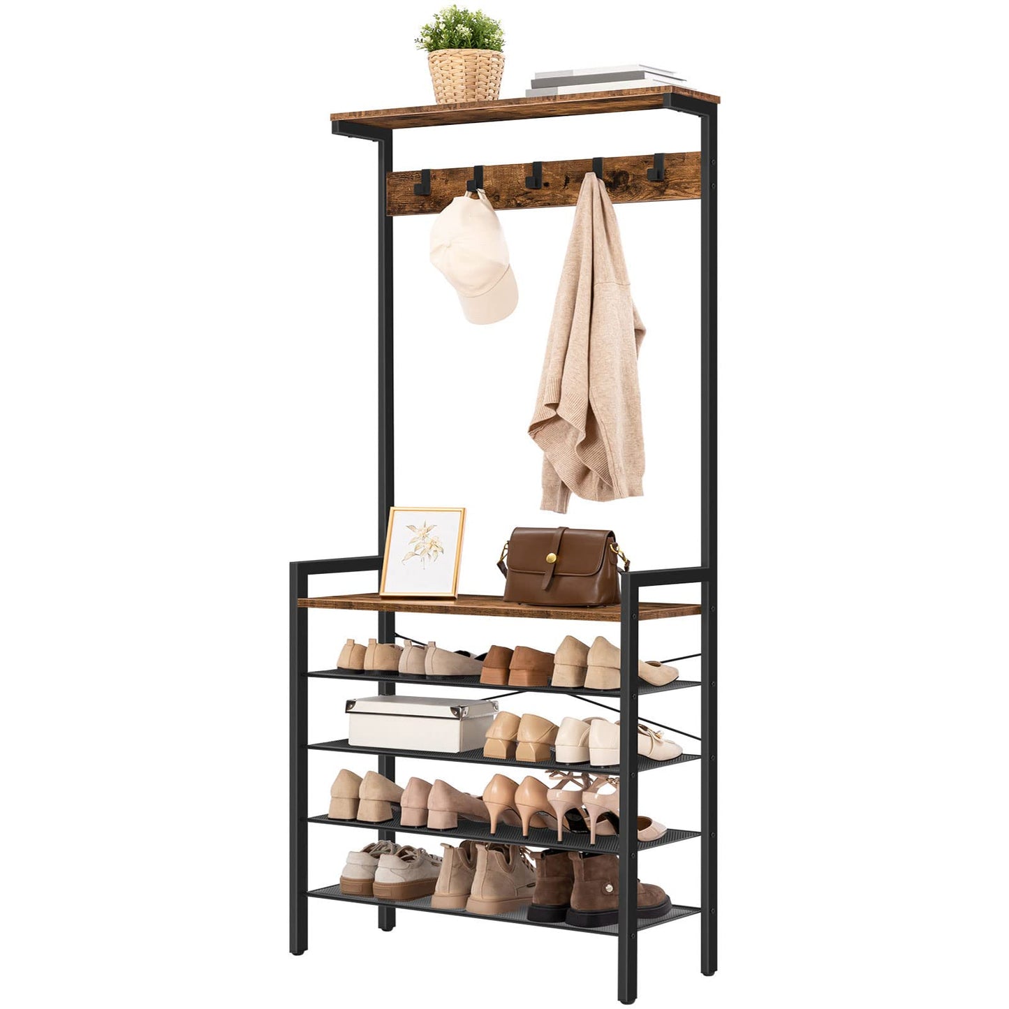 HOOBRO Retro Brown Industrial Style Five-Tier Hallway Coat Rack with Shoe Storage & Bench & 5 Hooks