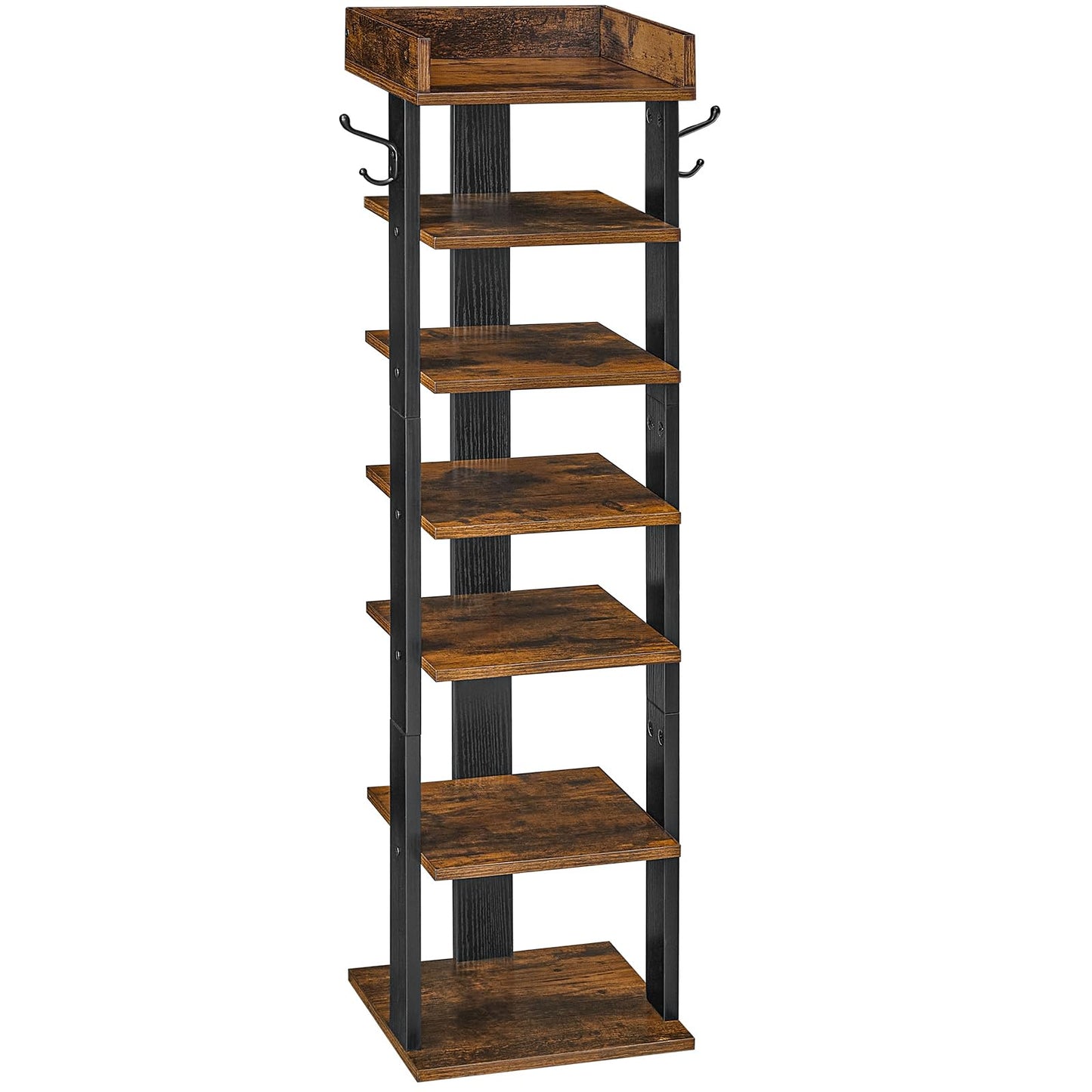 Wooden shelf with multiple shelves and hooks on a white background