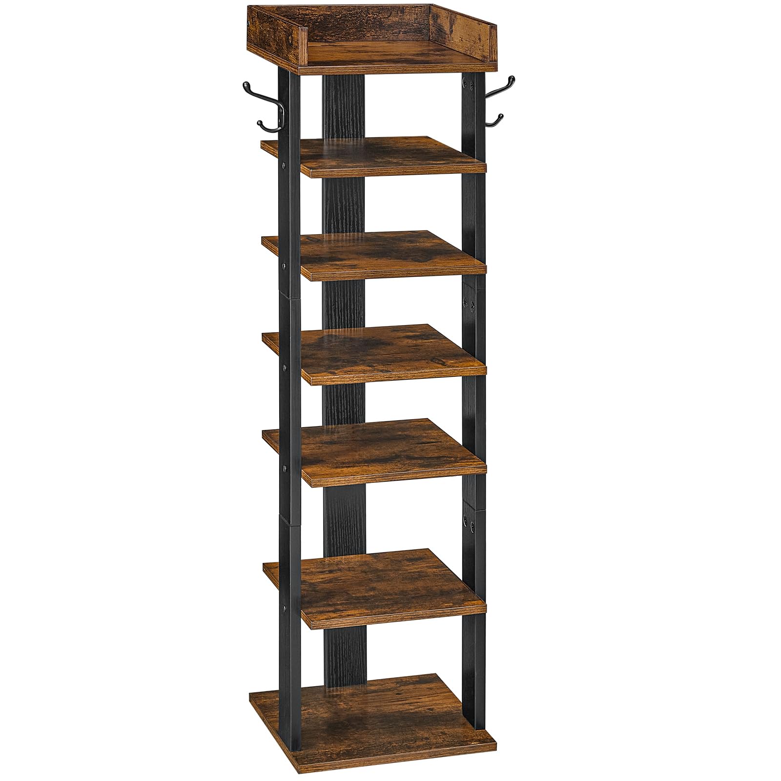 Wooden shelf with multiple shelves and hooks on a white background