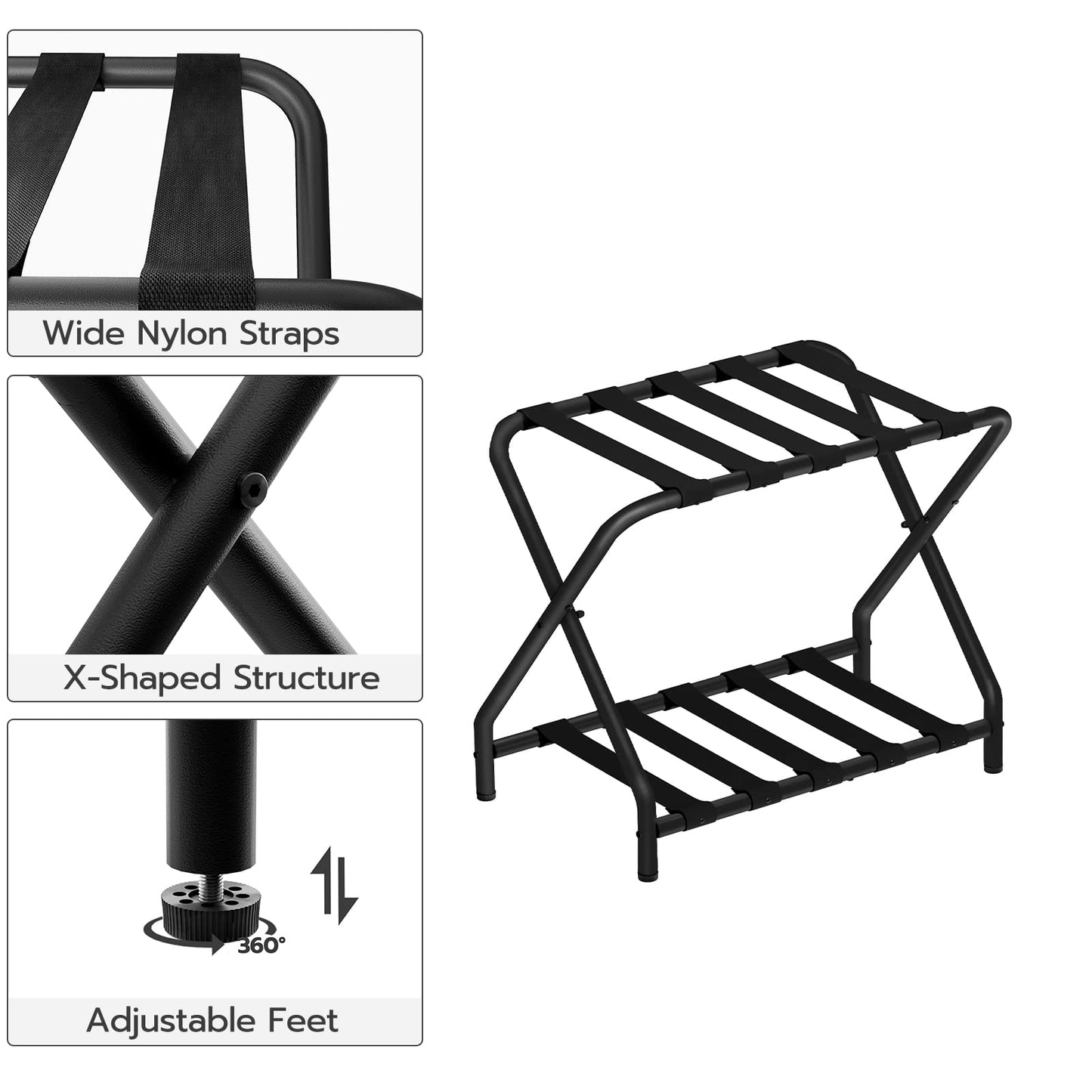 HOOBRO Black Folding Luggage Rack with Fabric Shelf