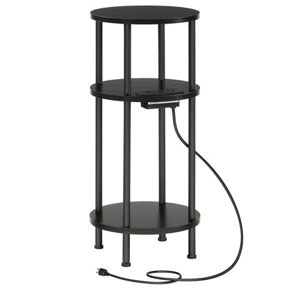 HOOBRO 3-Tier Small Round Side Table with Charging Station