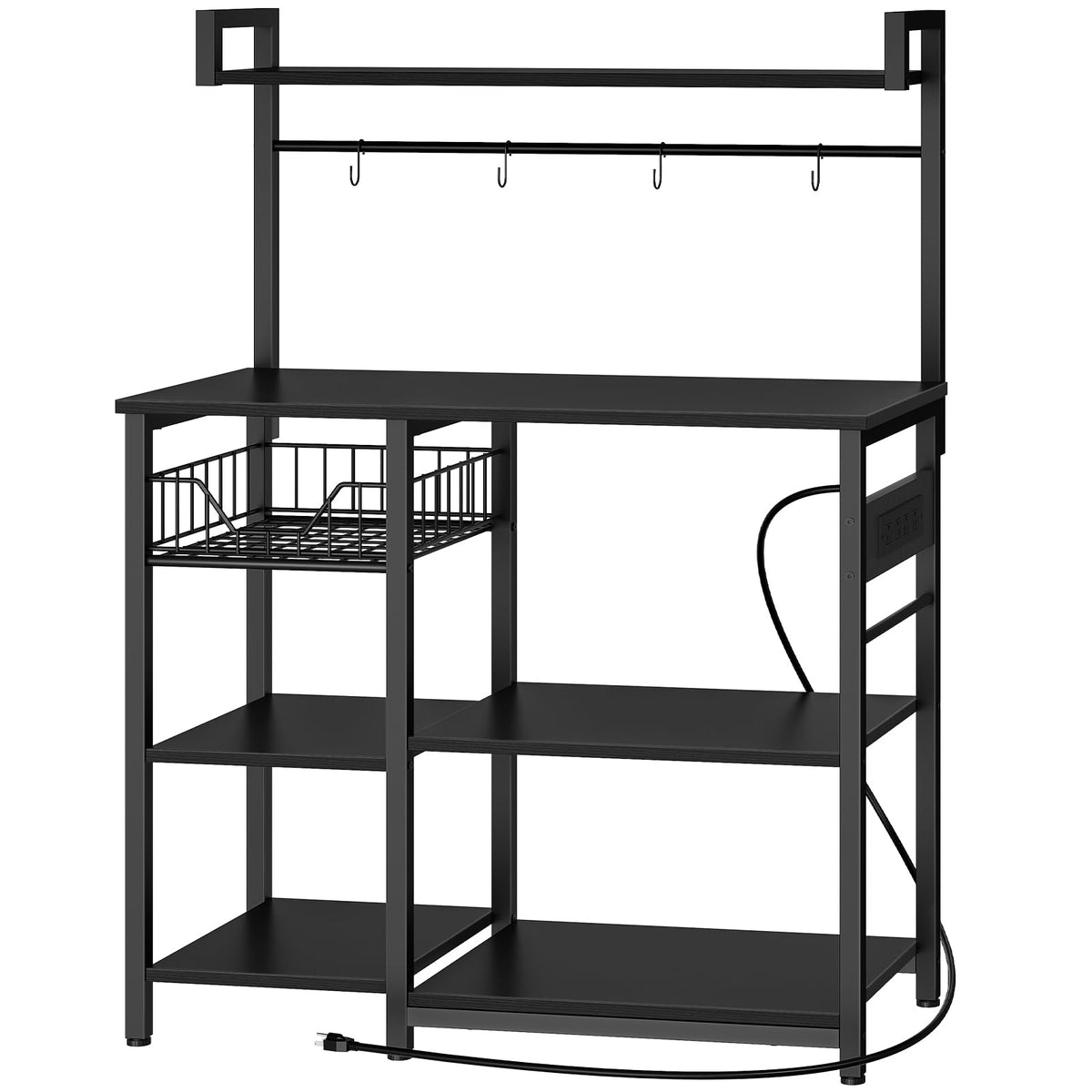 HOOBRO Bakers Rack with Power Outlet, 35.4 Inches Coffee Bar with Mesh Basket, Microwave Stand with 4 S-Shaped Hooks, Kitchen Bakers Rack with Storage, Easy to Assemble, Black BB05HB01