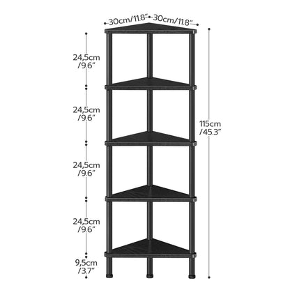 HOOBRO Corner Shelf Stand, Industrial 5-Tier Wall Corner Bookshelf with Metal Frame, Plant Display Shelf, Bookcase for Small Spaces, Bedroom, Living Room, Black BK33CJ01