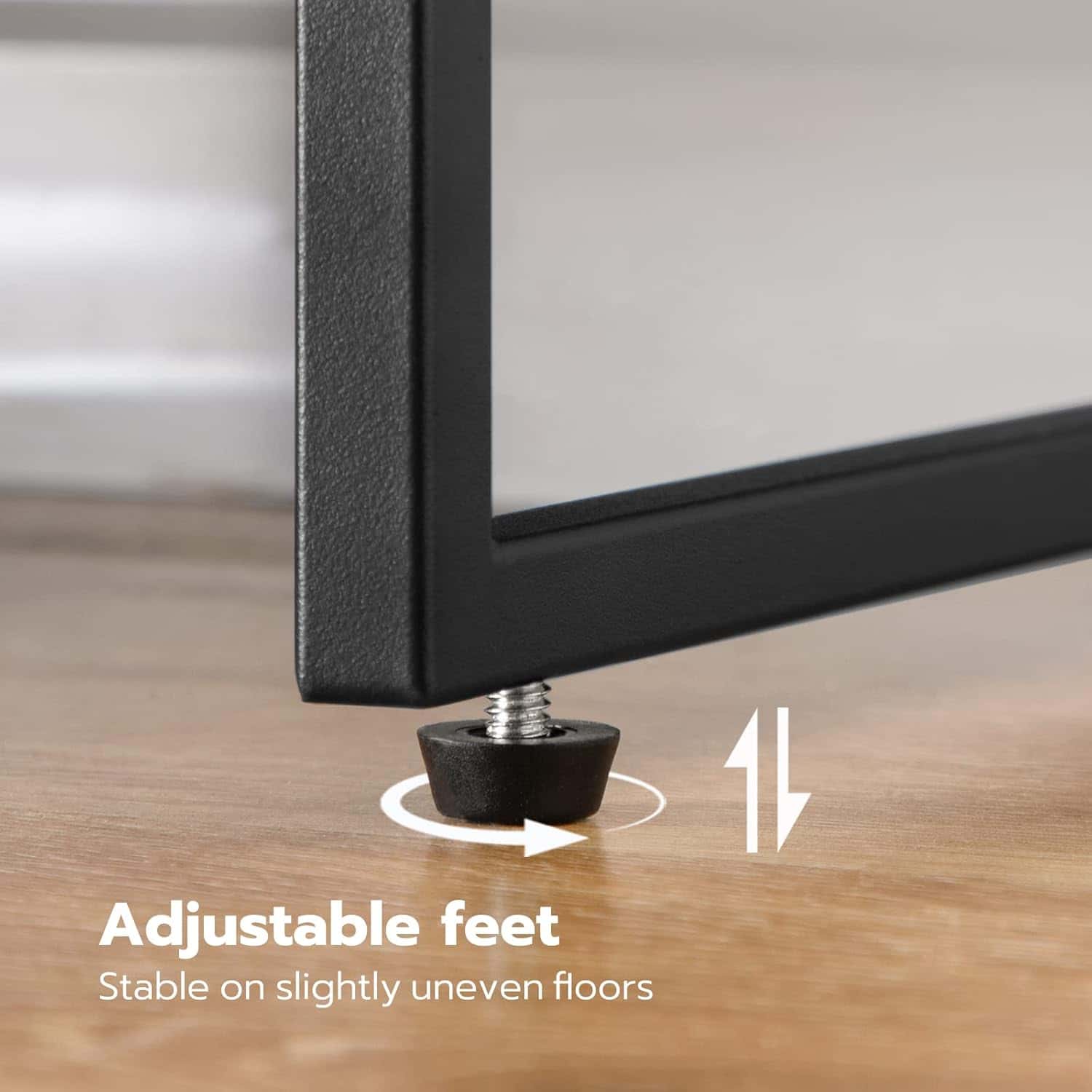 Adjustable feet of a piece of furniture on a wooden floor with text indicating stability on uneven floors.