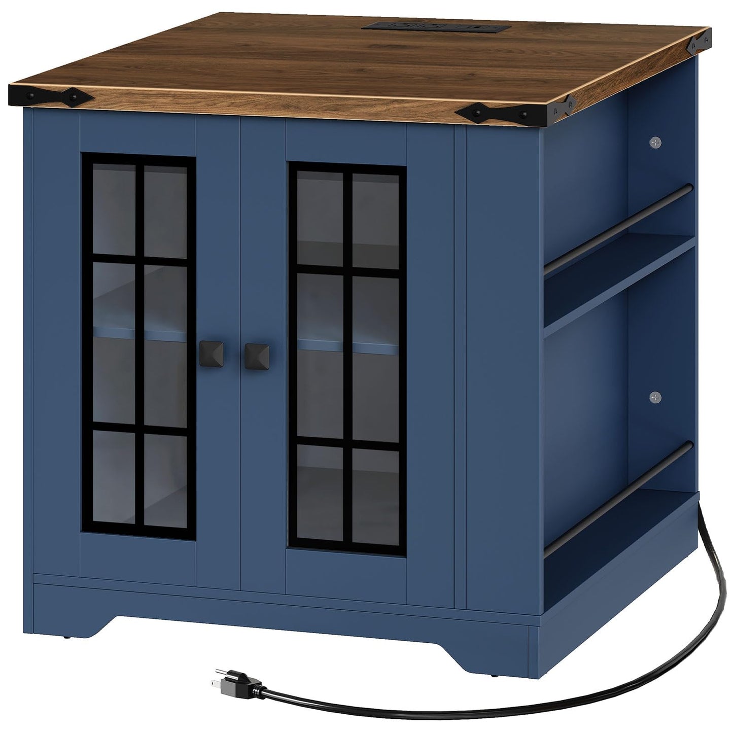 HOOBRO Blue Farmhouse Style 23.6-inch Large Side Table with Charging Station & Side Shelf
