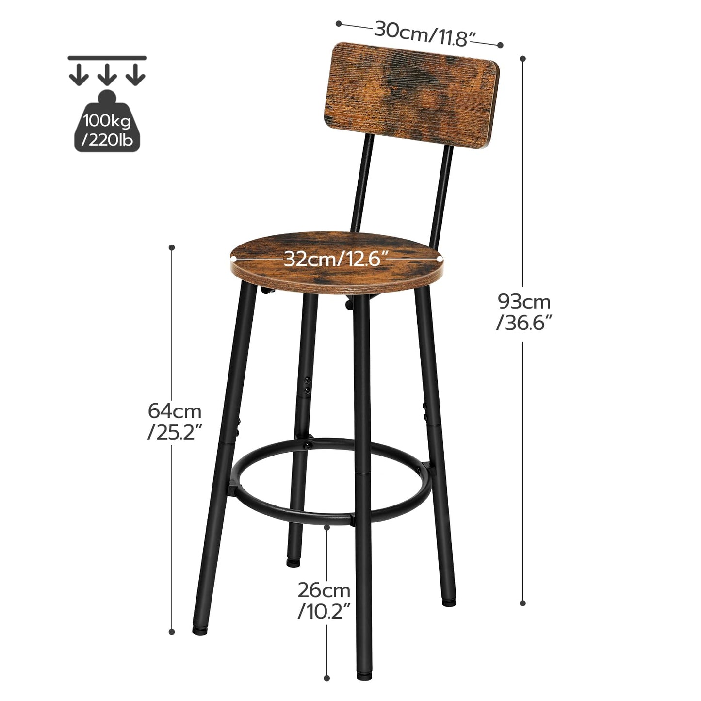 HOOBRO Retro Brown 25.2-inch Round Bar Stools with Backrest / 2PICS