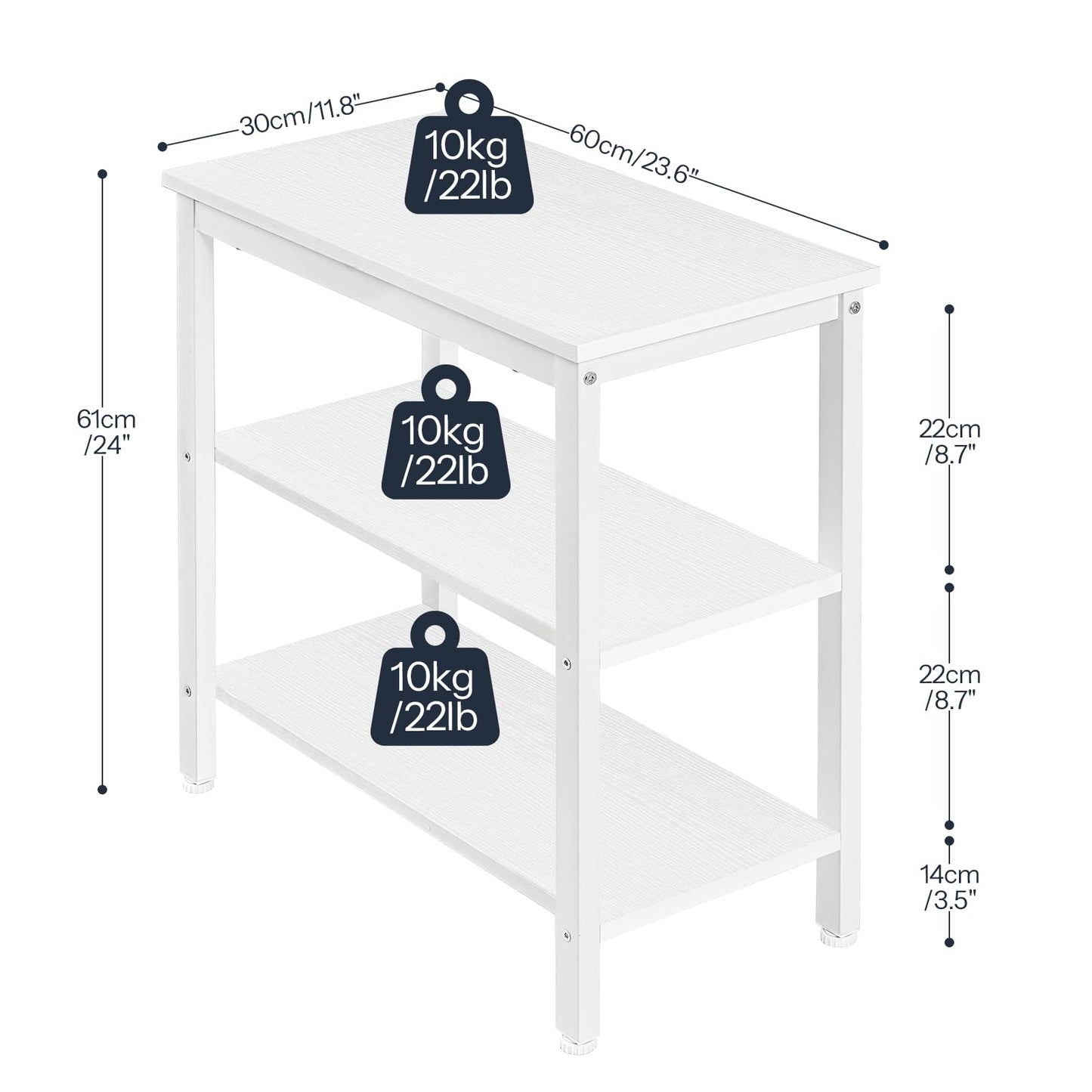 HOOBRO End Table, Simple Rustic Side Table with 3-Tier Storage Shelf, Narrow Nightstand for Small Spaces, Easy Assembly, for Living Room, Bedroom, Industrial Design, White WT14BZ01