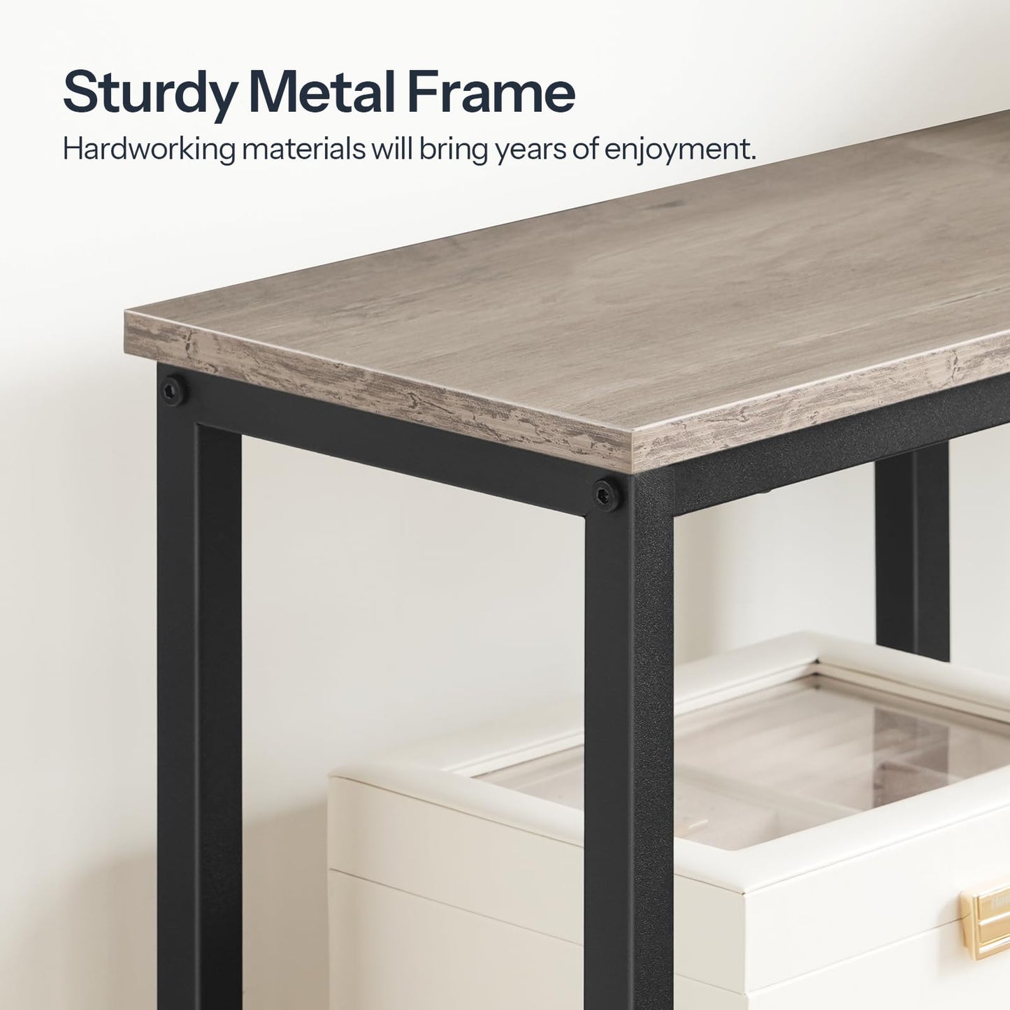 HOOBRO Greige Four-Tier Industrial Style Adjustable Leg Narrow Entryway Table with Metal Mesh Frame