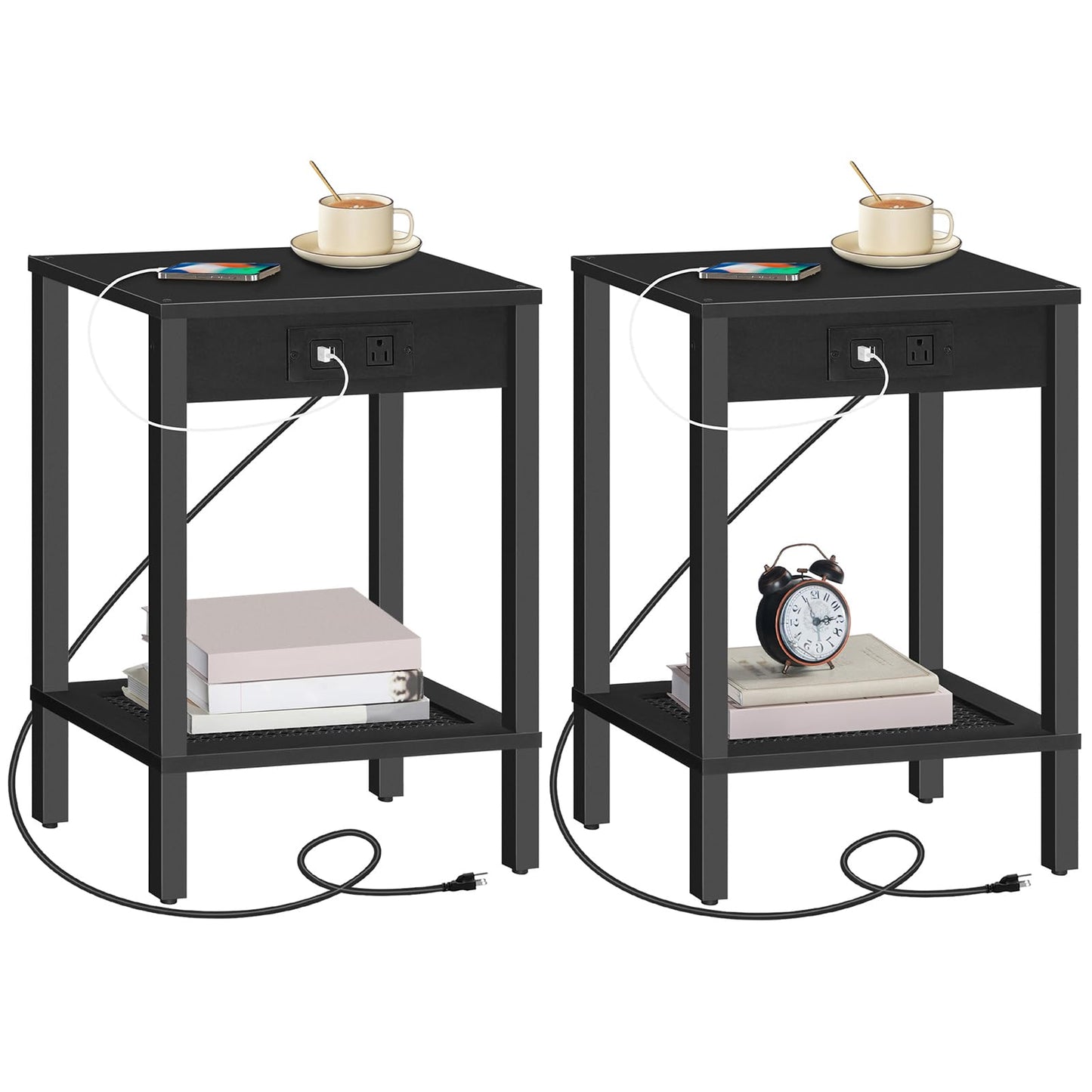 HOOBRO Black Side Table with Double Storage Shelf & USB Power Outlet /2PICS