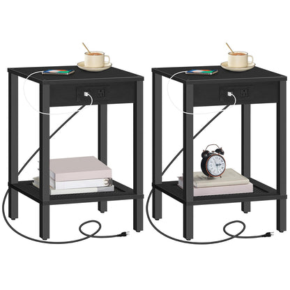 HOOBRO Black Side Table with Double Storage Shelf & USB Power Outlet /2PICS