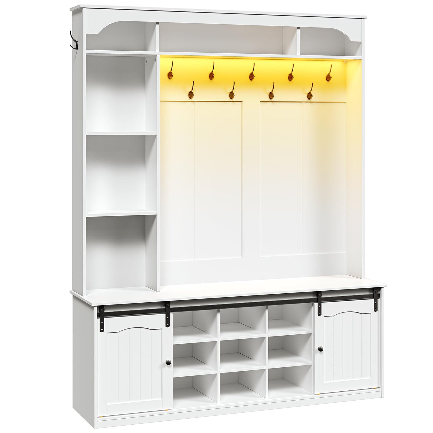 HOOBRO White 59-inch Wooden LED Farmhouse Style Hallway Coat Rack with Bench & Coat Rack & Shoe Cabinet